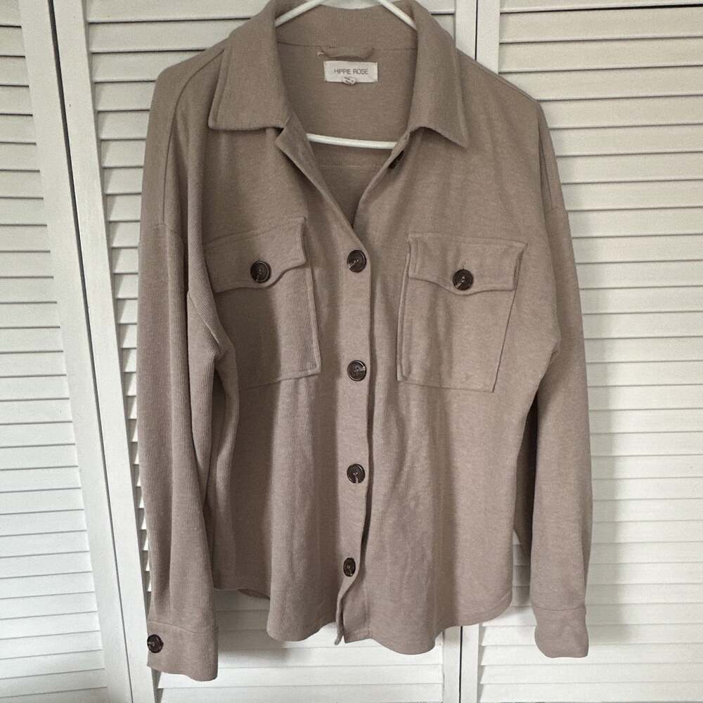 Hippie Rose Women’s Size S Beige Long Sleeve Button-Up Shirt Jacket Oversized